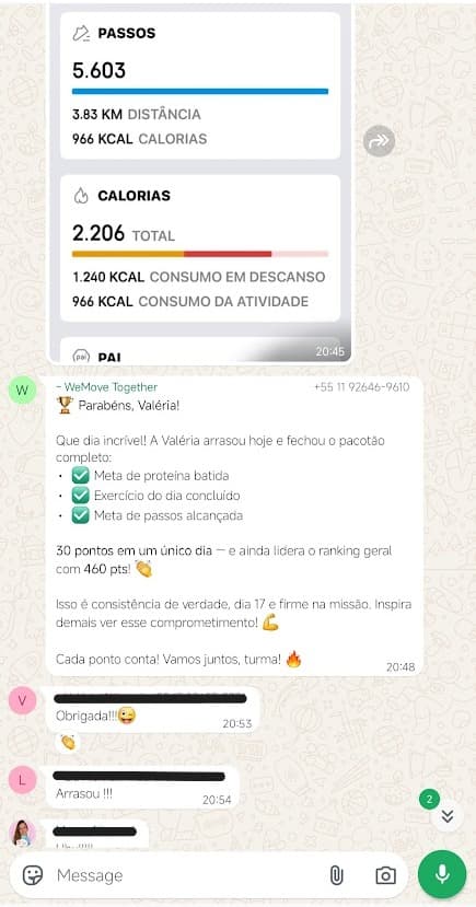 Print do WhatsApp — paciente fecha o dia com as 3 metas batidas, ganha 30 pontos e lidera o ranking