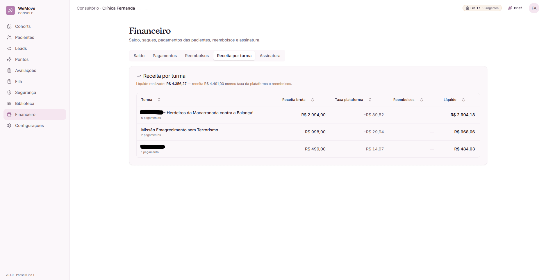 Screenshot do painel financeiro — receita por turma, taxa da plataforma e líquido realizado